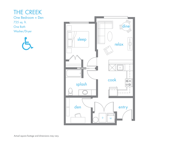 Floor plan for 1 bed, 1 bath, 725 sqft